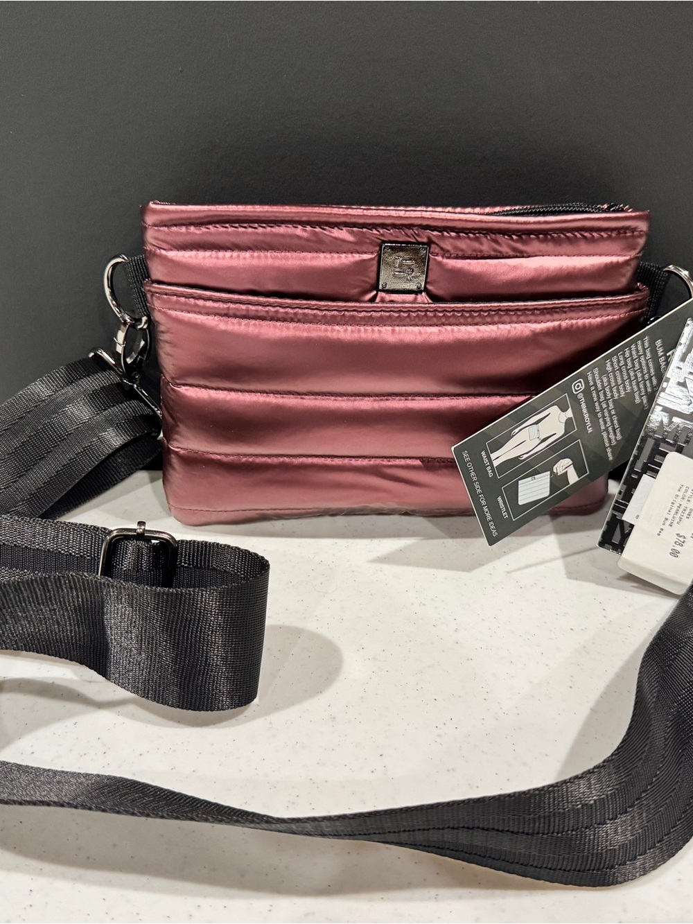 THINK ROYLN Metallic Rose/ Pearlwine Quilted Crossbody with Black Strap